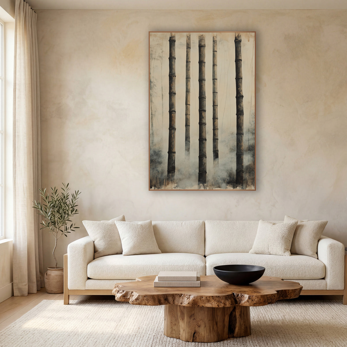 Misted Bamboo Stalks Japandi Zen wall art in a calm Japandi-style room – five tall dark bamboo stalks with ridged