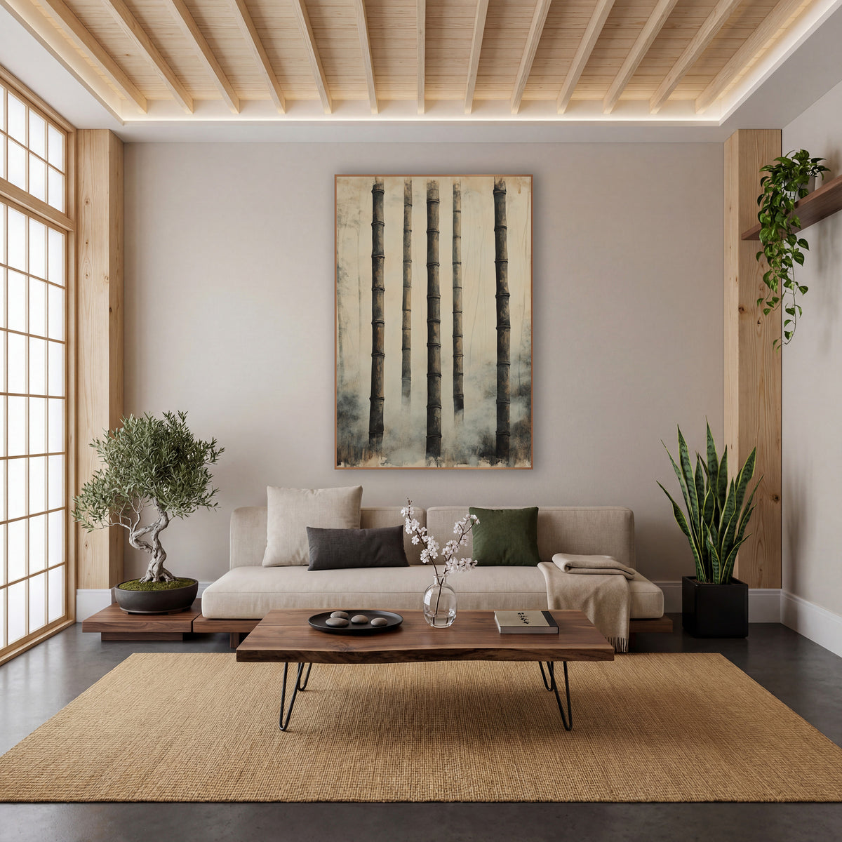 Misted Bamboo Stalks Japandi Zen wall art in a calm Japandi-style room – five tall dark bamboo stalks with ridged