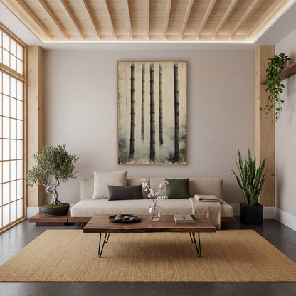 Misted Bamboo Stalks Japandi Zen wall art in a calm Japandi-style room – five tall dark bamboo stalks with ridged