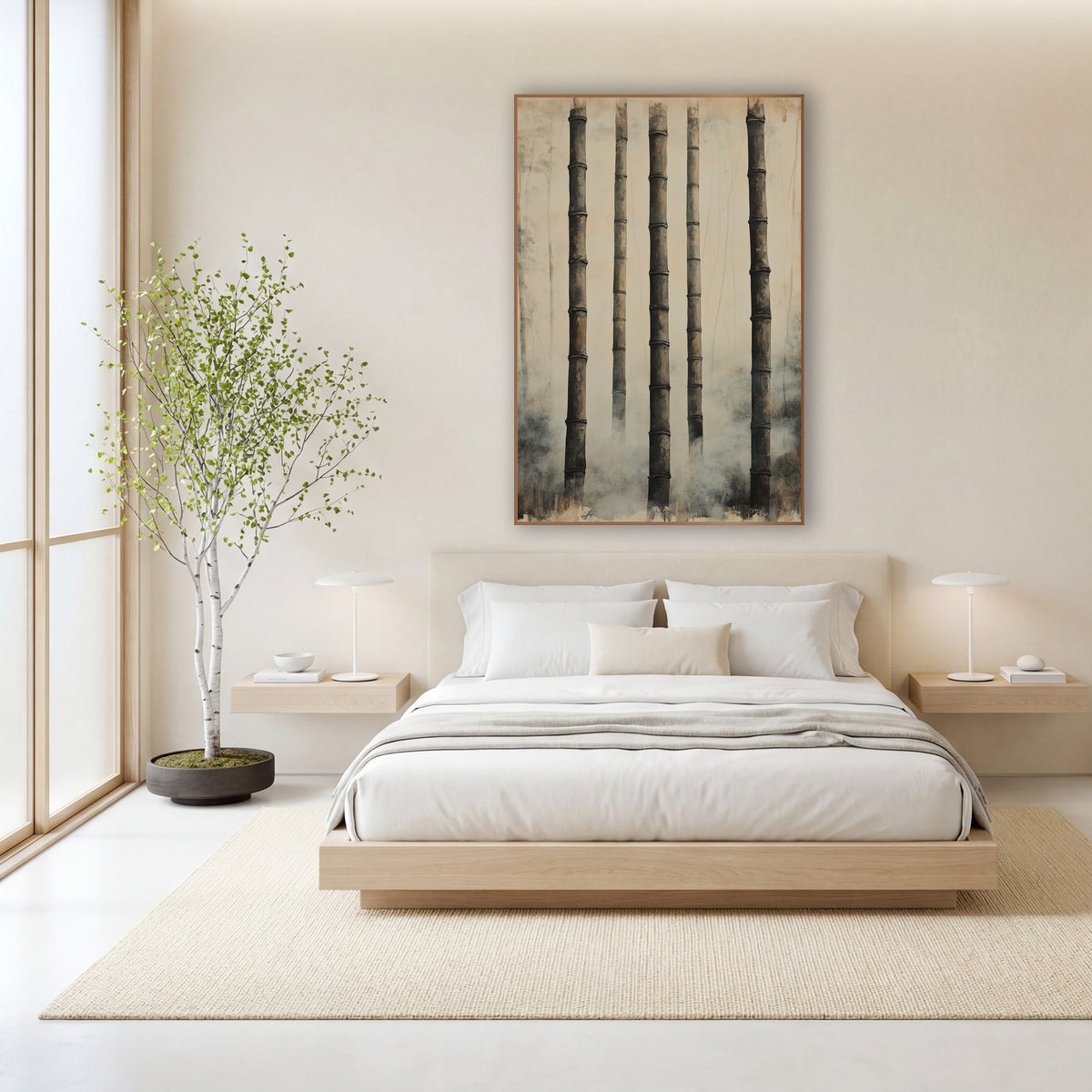 Misted Bamboo Stalks Japandi Zen wall art in a calm Japandi-style room – five tall dark bamboo stalks with ridged