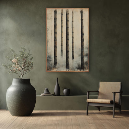 Misted Bamboo Stalks Japandi Zen wall art in a calm Japandi-style room – five tall dark bamboo stalks with ridged