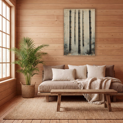 Misted Bamboo Stalks Japandi Zen wall art in a calm Japandi-style room – five tall dark bamboo stalks with ridged