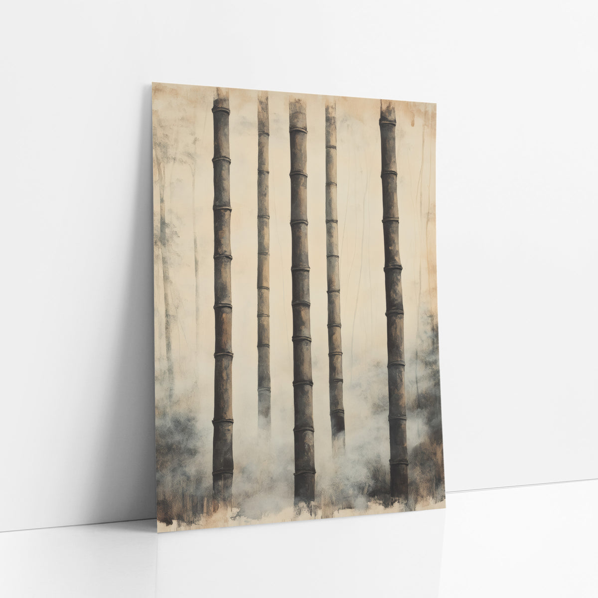 Misted Bamboo Stalks Japandi Zen art print leaning against a white wall – five tall dark bamboo stalks with ridged joints
