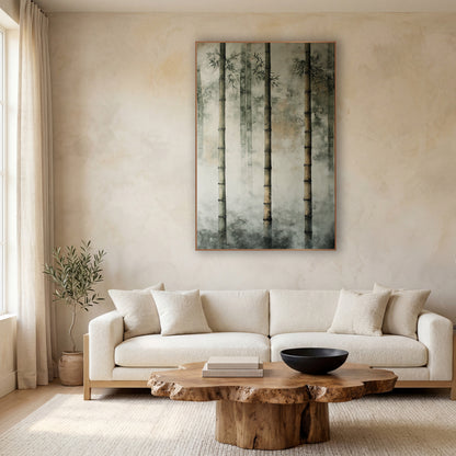 Three Bamboo Stalks Plaster Japandi wall art in a calm Japandi-style room – three tall bamboo stalks with fine dark