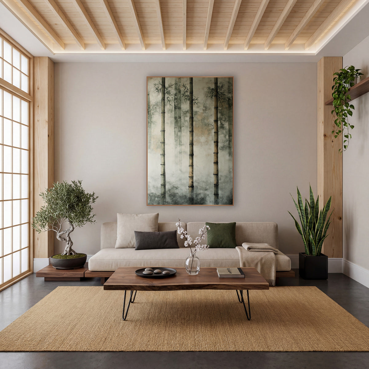 Three Bamboo Stalks Plaster Japandi wall art in a calm Japandi-style room – three tall bamboo stalks with fine dark