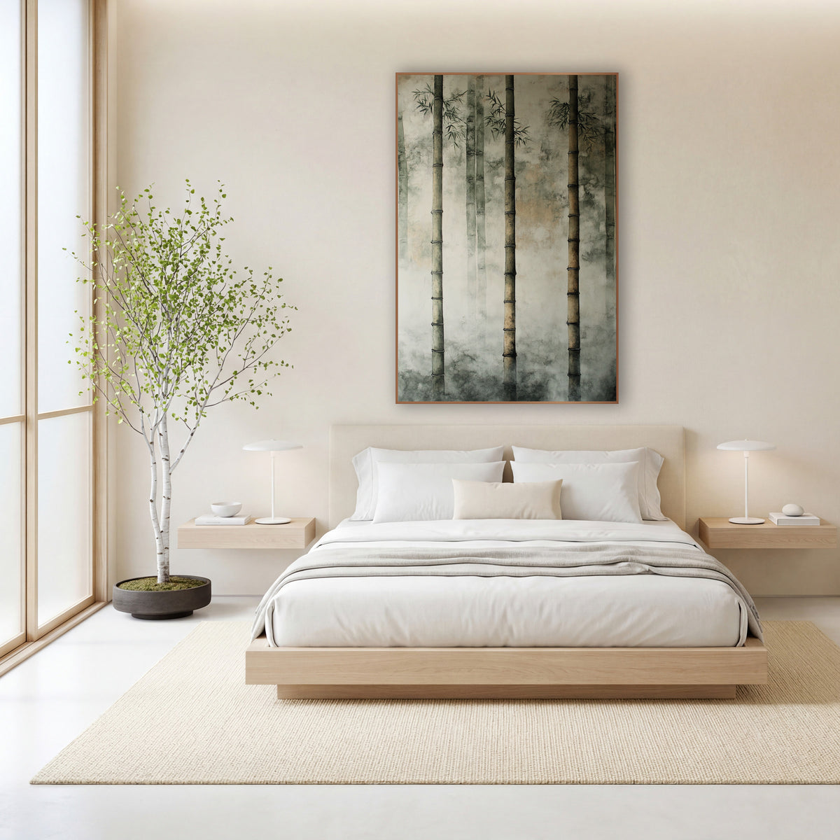 Three Bamboo Stalks Plaster Japandi wall art in a calm Japandi-style room – three tall bamboo stalks with fine dark