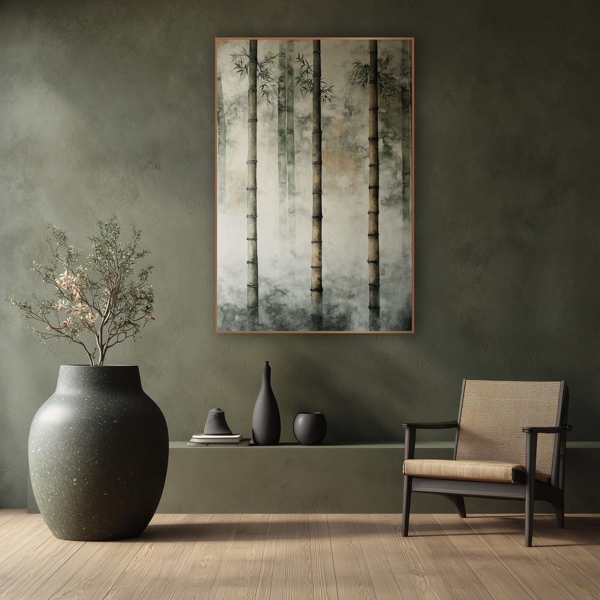 Three Bamboo Stalks Plaster Japandi wall art in a calm Japandi-style room – three tall bamboo stalks with fine dark