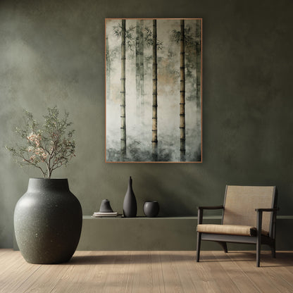 Three Bamboo Stalks Plaster Japandi wall art in a calm Japandi-style room – three tall bamboo stalks with fine dark