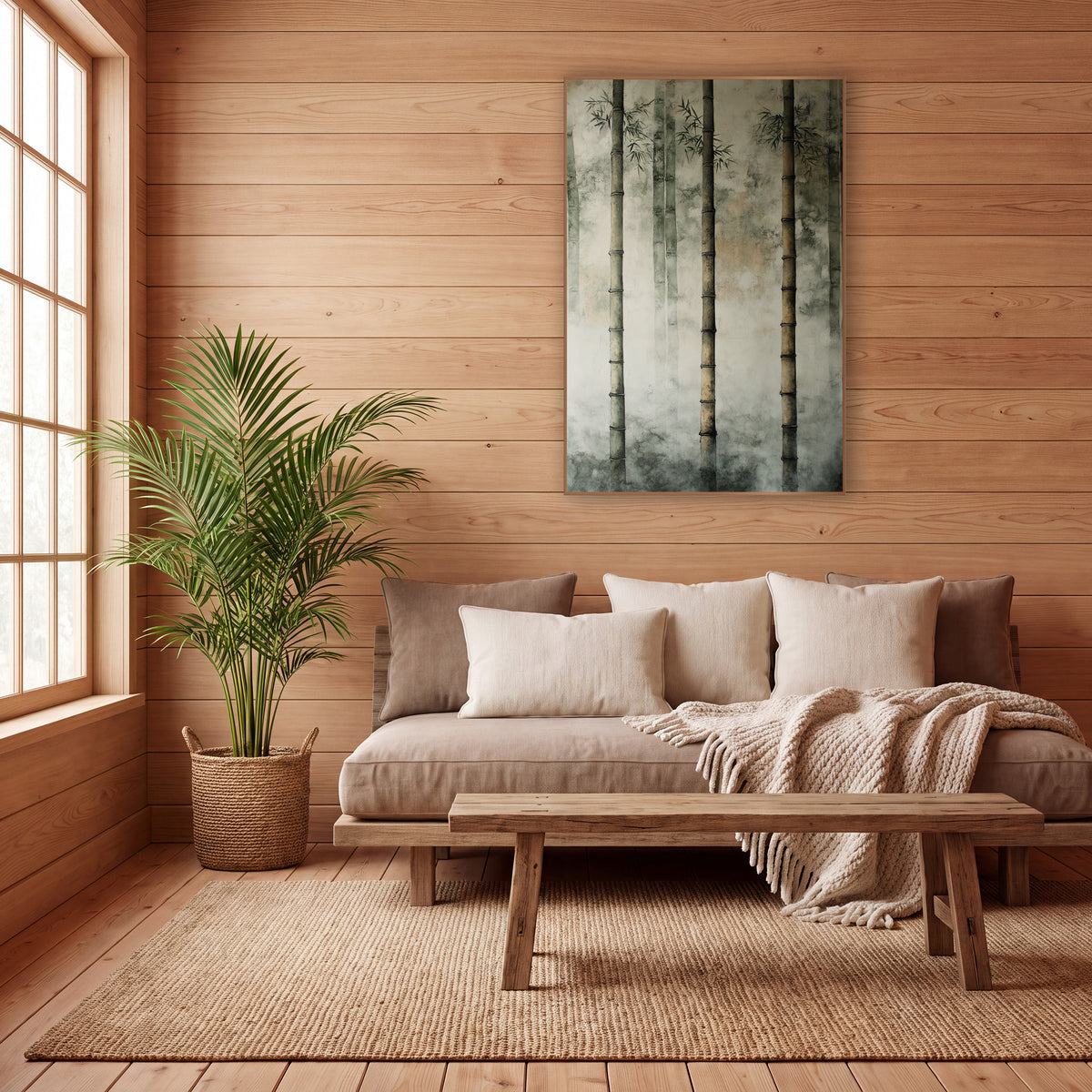 Three Bamboo Stalks Plaster Japandi wall art in a calm Japandi-style room – three tall bamboo stalks with fine dark
