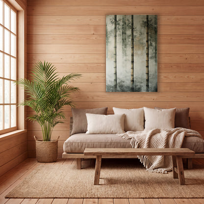 Three Bamboo Stalks Plaster Japandi wall art in a calm Japandi-style room – three tall bamboo stalks with fine dark