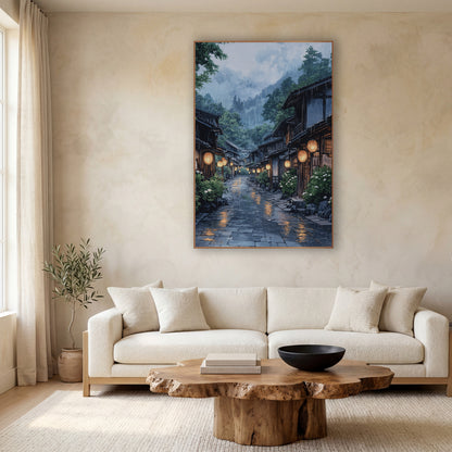 Rainy Hydrangea Lantern Street Japandi wall art in a calm Japandi-style room – japanese village street at dusk-like