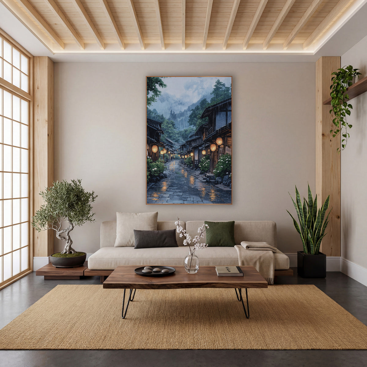 Rainy Hydrangea Lantern Street Japandi wall art in a calm Japandi-style room – japanese village street at dusk-like
