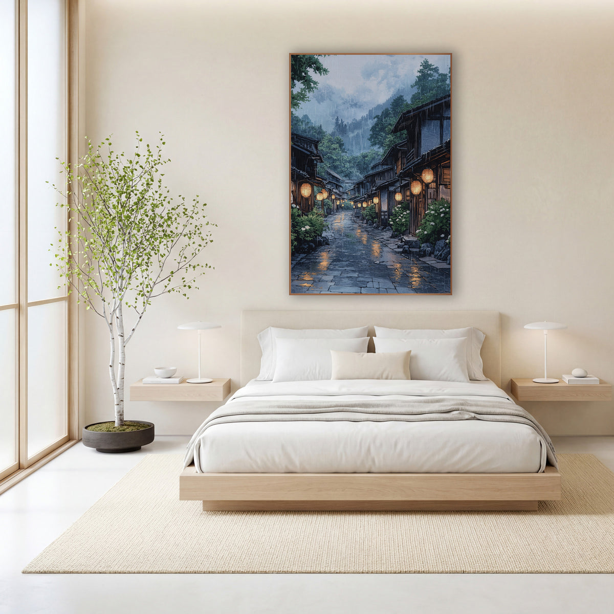Rainy Hydrangea Lantern Street Japandi wall art in a calm Japandi-style room – japanese village street at dusk-like