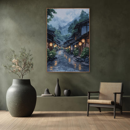 Rainy Hydrangea Lantern Street Japandi wall art in a calm Japandi-style room – japanese village street at dusk-like