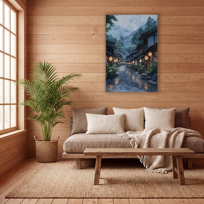 Rainy Hydrangea Lantern Street Japandi wall art in a calm Japandi-style room – japanese village street at dusk-like