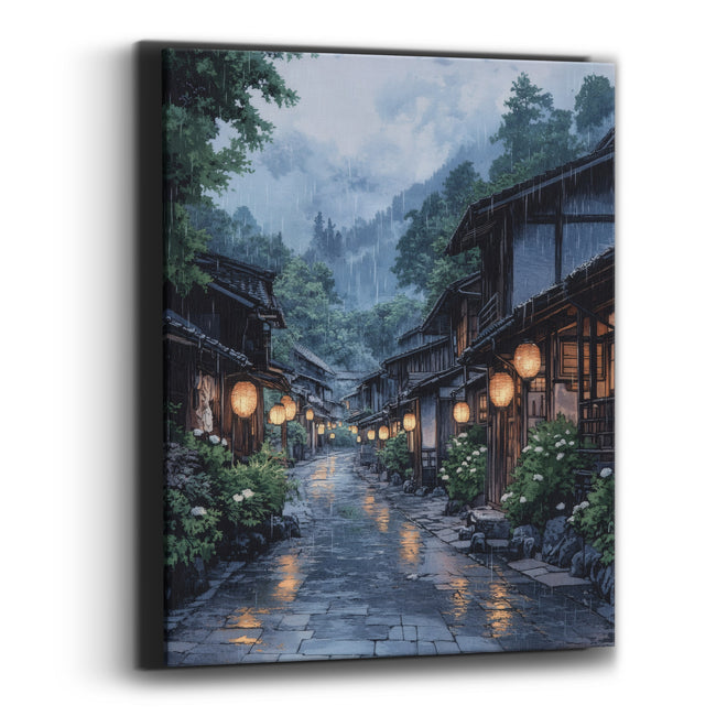 Rainy Hydrangea Lantern Street Japandi Canvas Wall Art
