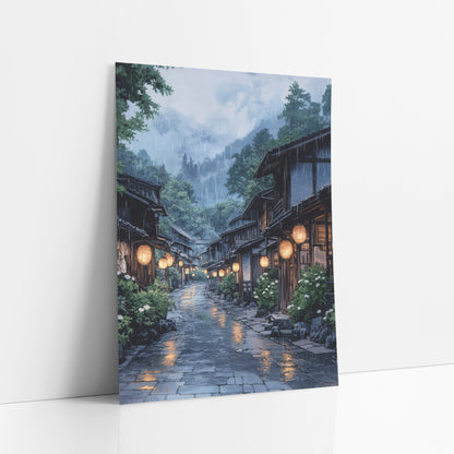 Rainy Hydrangea Lantern Street Japandi art print leaning against a white wall – japanese village street at dusk-like rain