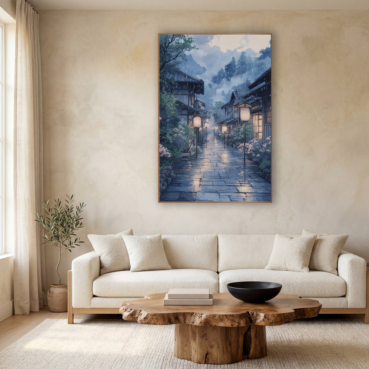 Pink Blossom Pole Lantern Lane Japandi wall art in a calm Japandi-style room – rainy Japanese village lane