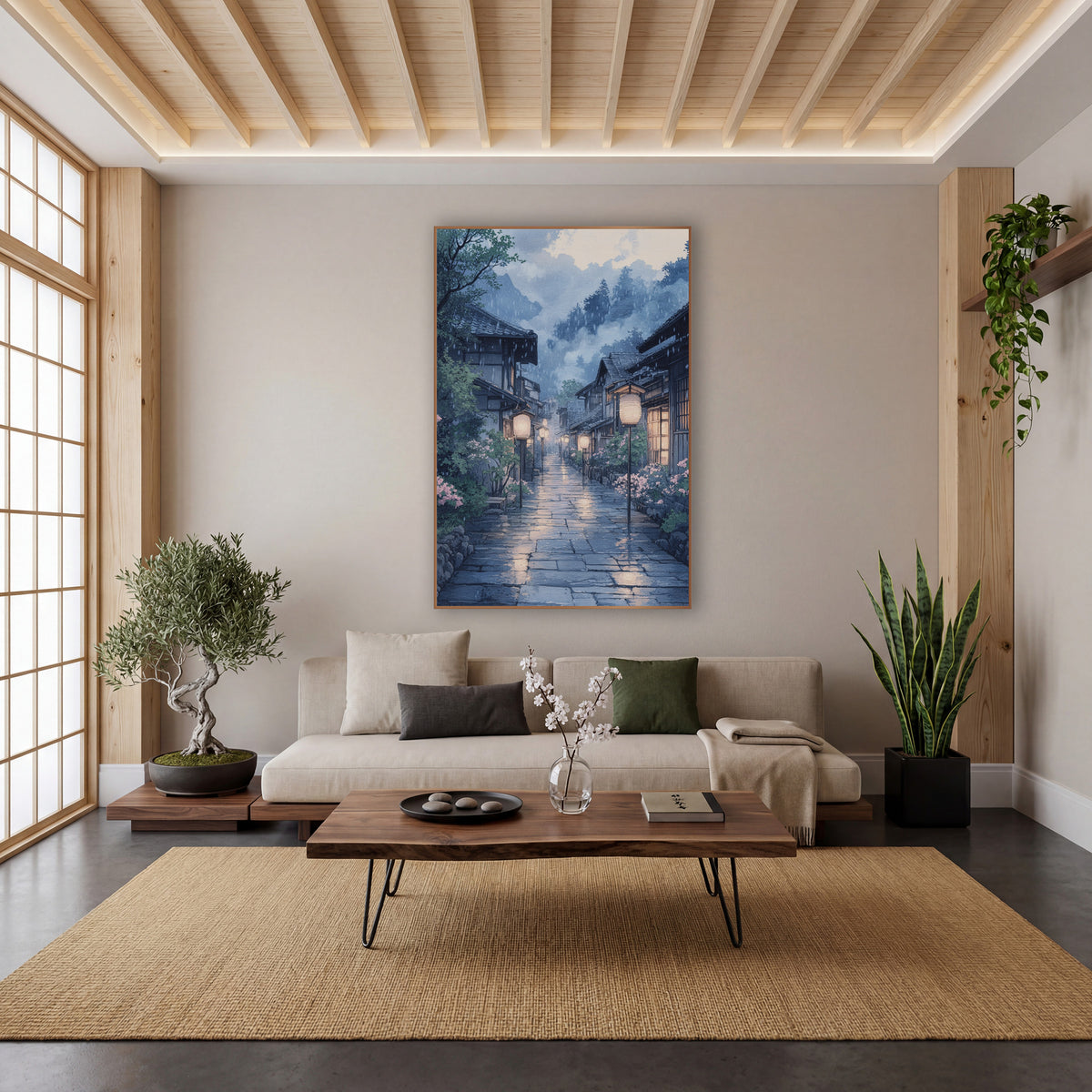 Pink Blossom Pole Lantern Lane Japandi wall art in a calm Japandi-style room – rainy Japanese village lane