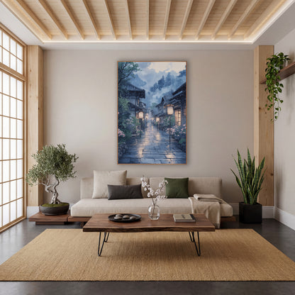 Pink Blossom Pole Lantern Lane Japandi wall art in a calm Japandi-style room – rainy Japanese village lane