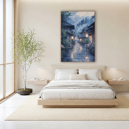 Pink Blossom Pole Lantern Lane Japandi wall art in a calm Japandi-style room – rainy Japanese village lane