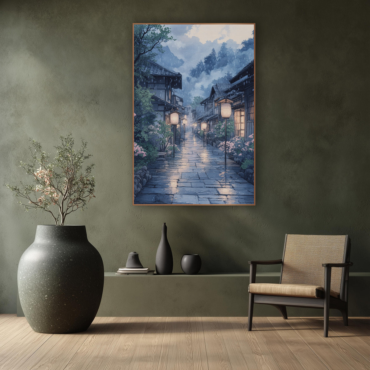 Pink Blossom Pole Lantern Lane Japandi wall art in a calm Japandi-style room – rainy Japanese village lane