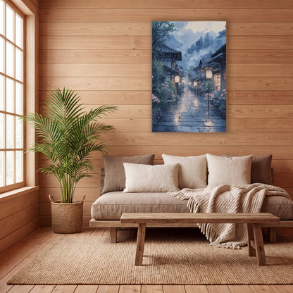 Pink Blossom Pole Lantern Lane Japandi wall art in a calm Japandi-style room – rainy Japanese village lane