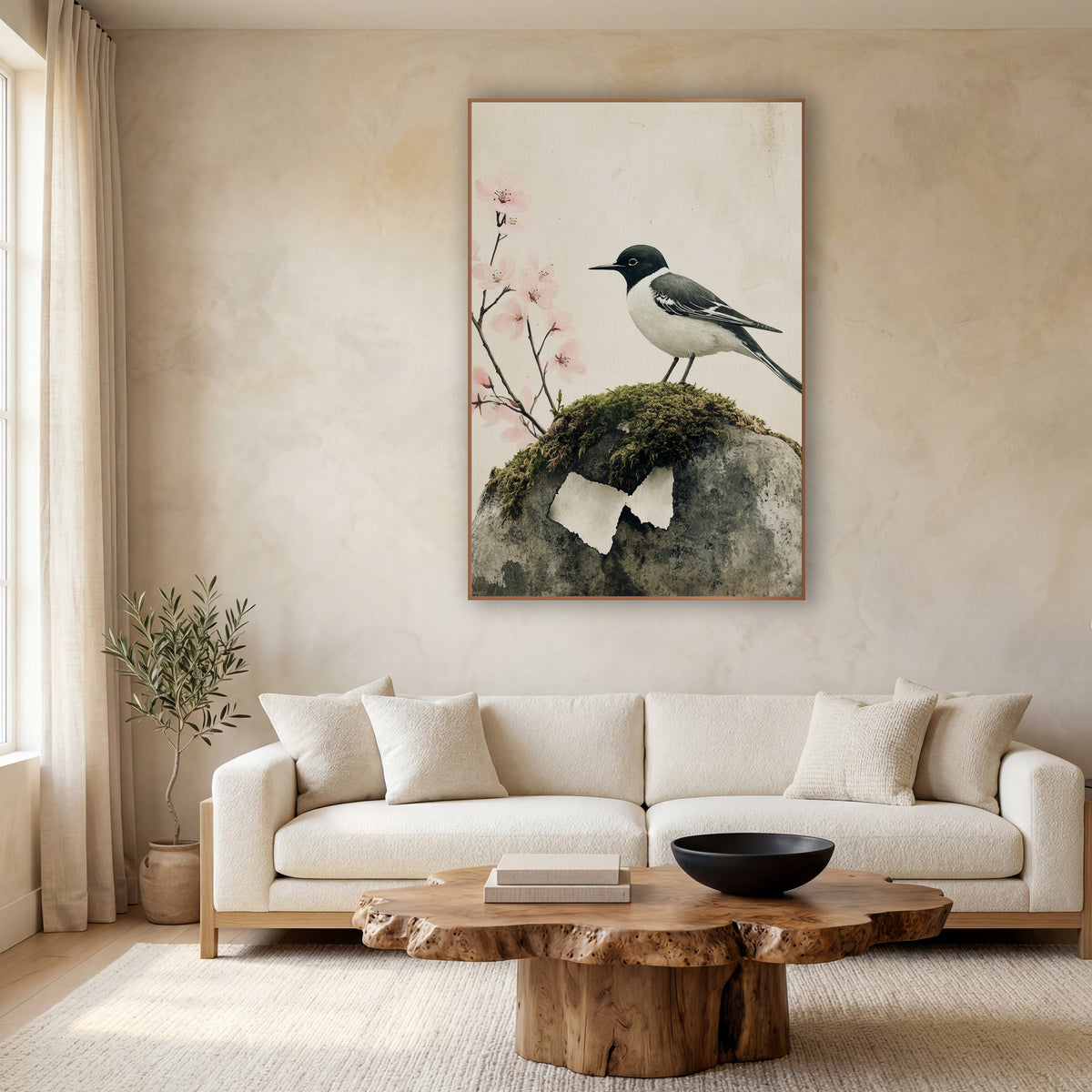 Wagtail Mossy Stone Cherry Blossom Japandi wall art in a calm Japandi-style room – black and white wagtail perched