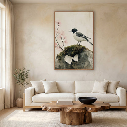 Wagtail Mossy Stone Cherry Blossom Japandi wall art in a calm Japandi-style room – black and white wagtail perched