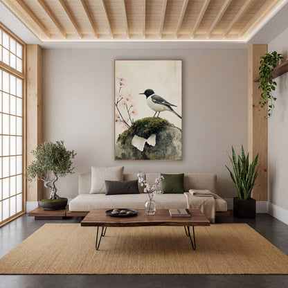Wagtail Mossy Stone Cherry Blossom Japandi wall art in a calm Japandi-style room – black and white wagtail perched