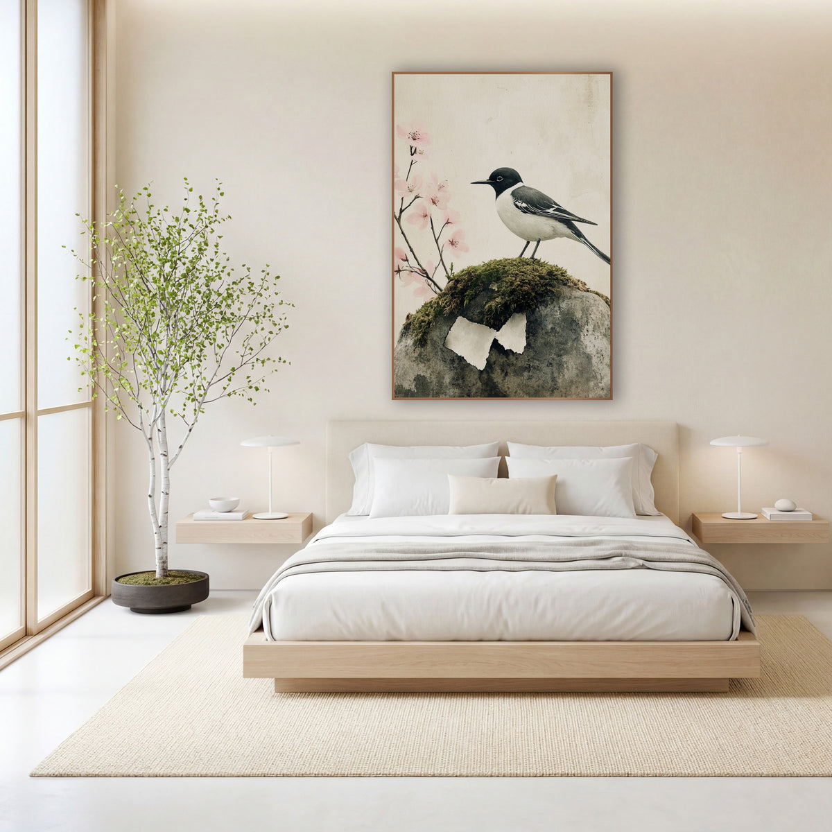 Wagtail Mossy Stone Cherry Blossom Japandi wall art in a calm Japandi-style room – black and white wagtail perched