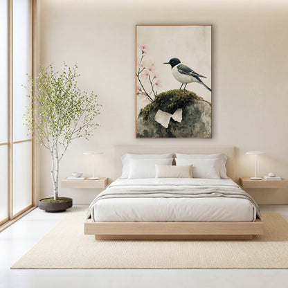 Wagtail Mossy Stone Cherry Blossom Japandi wall art in a calm Japandi-style room – black and white wagtail perched