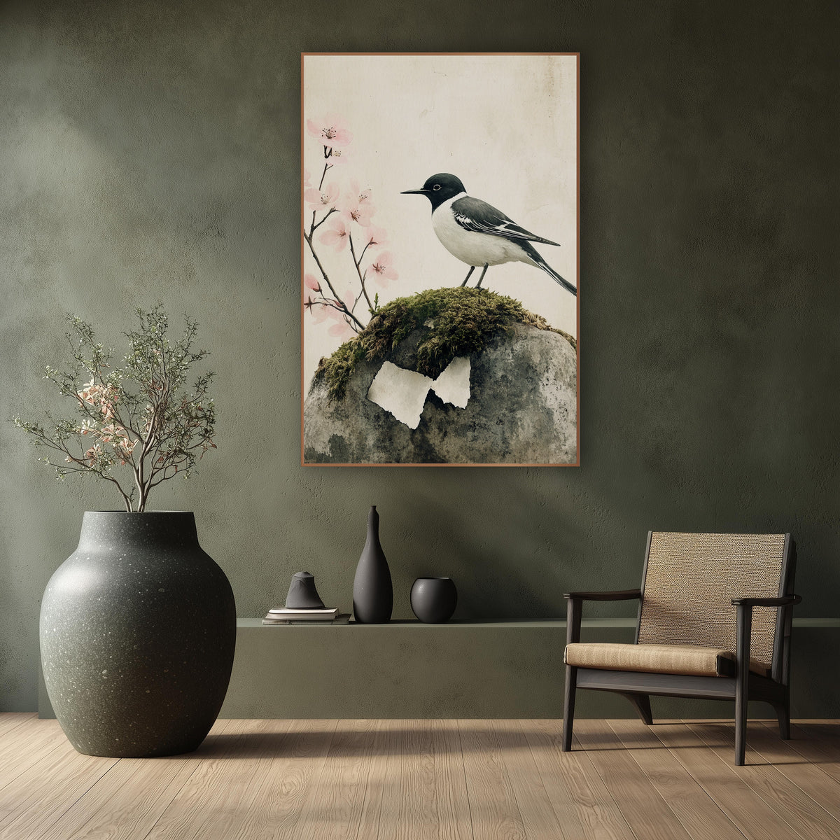 Wagtail Mossy Stone Cherry Blossom Japandi wall art in a calm Japandi-style room – black and white wagtail perched