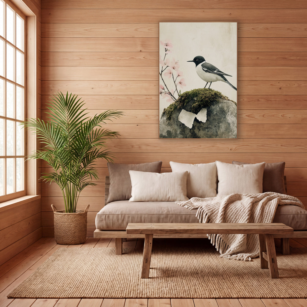 Wagtail Mossy Stone Cherry Blossom Japandi wall art in a calm Japandi-style room – black and white wagtail perched