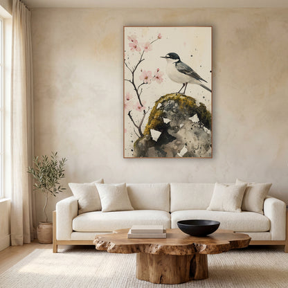Wagtail Cherry Blossom Japandi Botanical wall art in a calm Japandi-style room – black and white wagtail perched