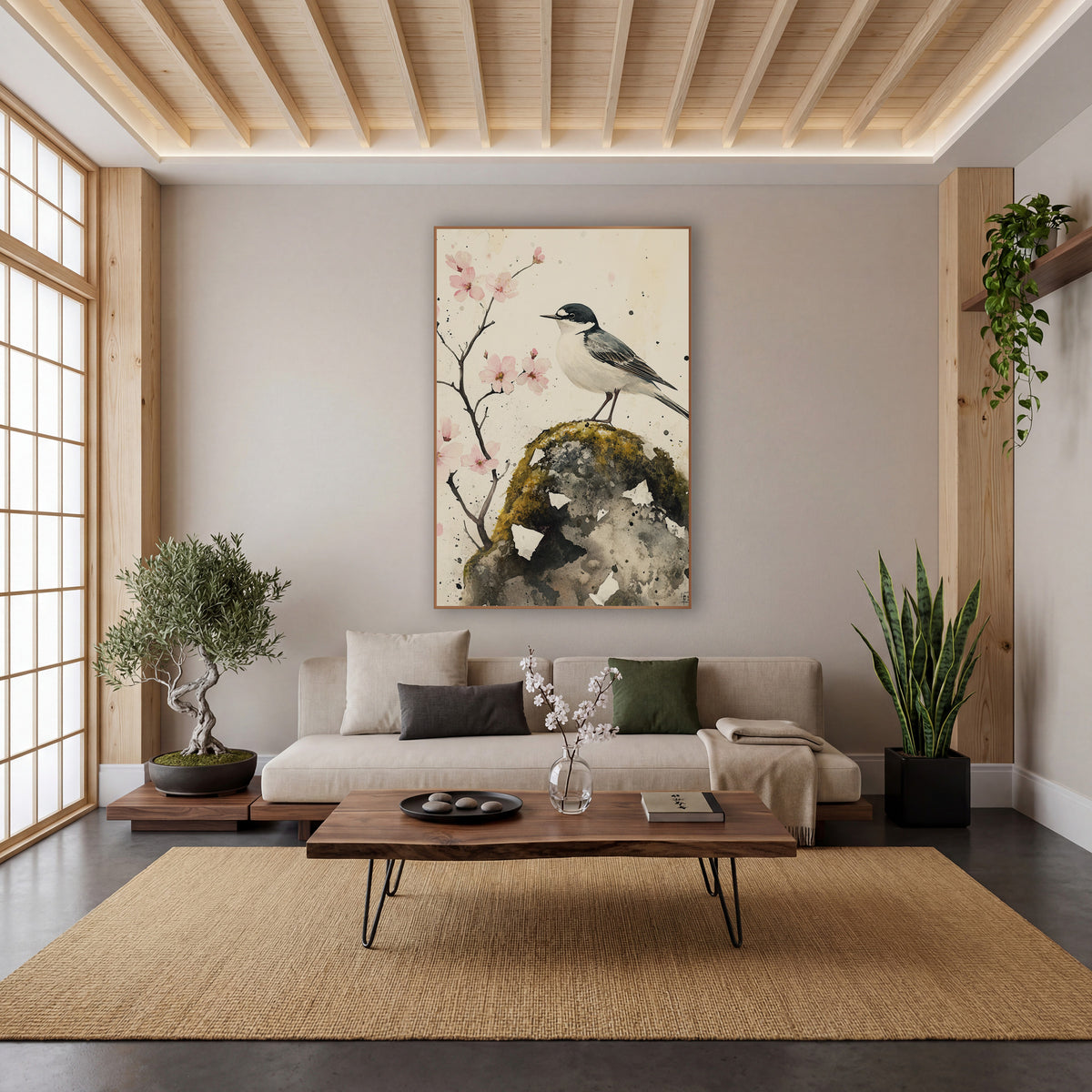 Wagtail Cherry Blossom Japandi Botanical wall art in a calm Japandi-style room – black and white wagtail perched