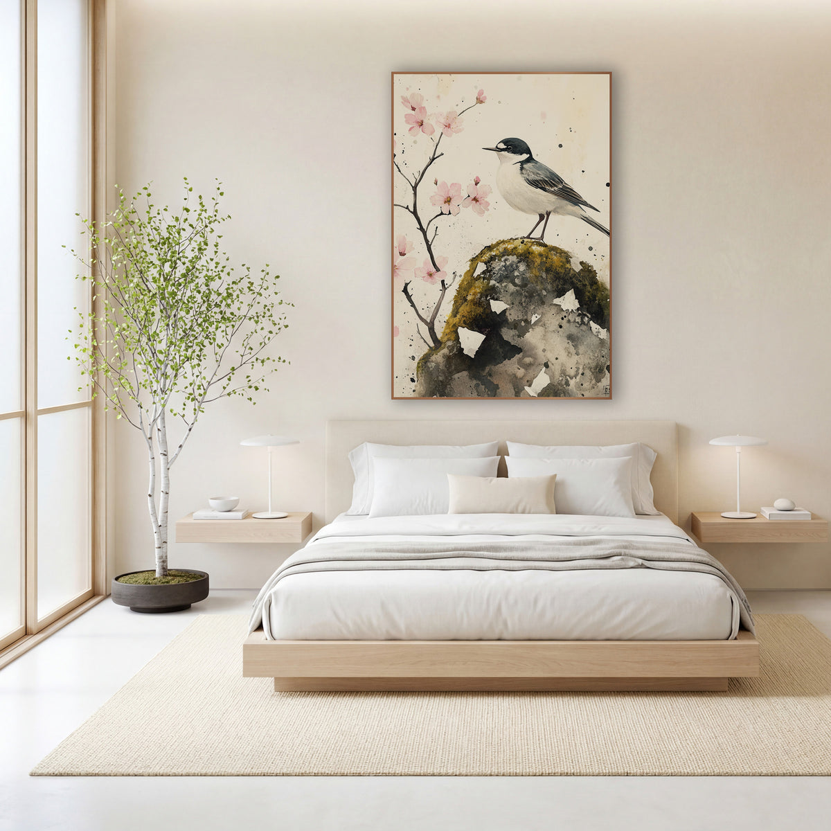 Wagtail Cherry Blossom Japandi Botanical wall art in a calm Japandi-style room – black and white wagtail perched