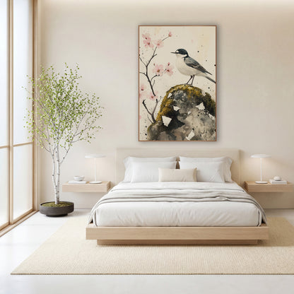 Wagtail Cherry Blossom Japandi Botanical wall art in a calm Japandi-style room – black and white wagtail perched
