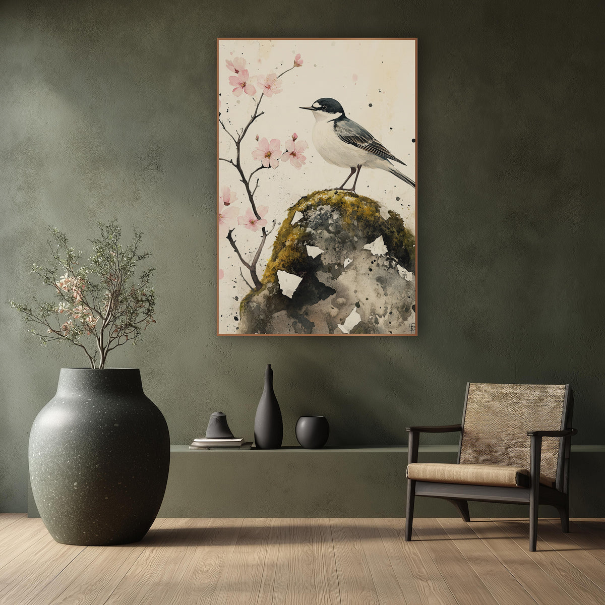 Wagtail Cherry Blossom Japandi Botanical wall art in a calm Japandi-style room – black and white wagtail perched