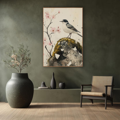 Wagtail Cherry Blossom Japandi Botanical wall art in a calm Japandi-style room – black and white wagtail perched