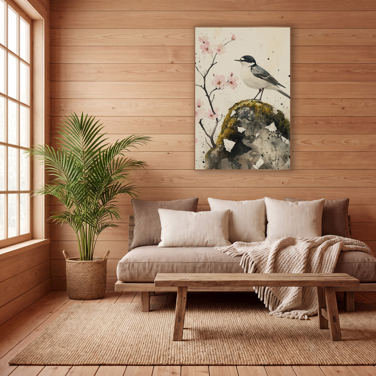Wagtail Cherry Blossom Japandi Botanical wall art in a calm Japandi-style room – black and white wagtail perched
