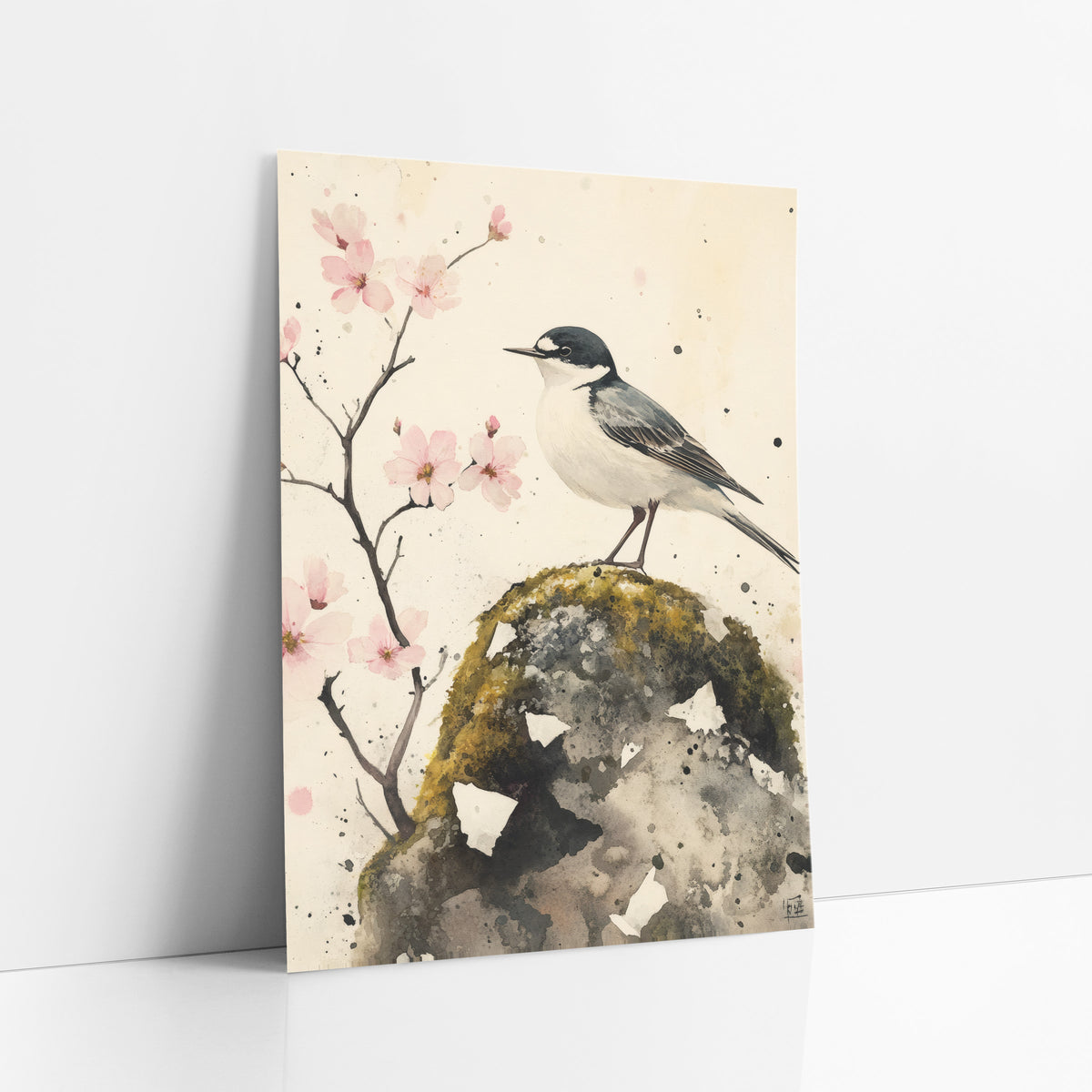 Wagtail Cherry Blossom Japandi Botanical art print leaning against a white wall – black and white wagtail perched on a mossy