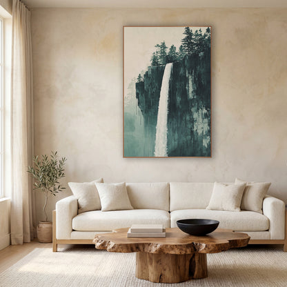Misty Cliff Waterfall Japandi Landscape wall art in a calm Japandi-style room – tall white waterfall falling down