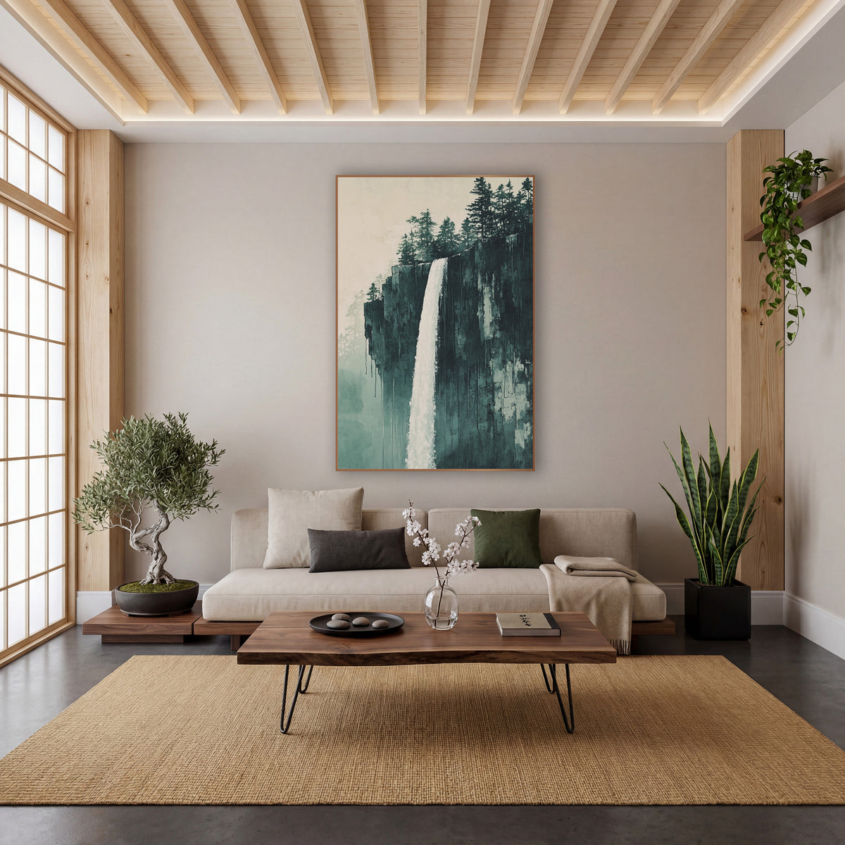 Misty Cliff Waterfall Japandi Landscape wall art in a calm Japandi-style room – tall white waterfall falling down