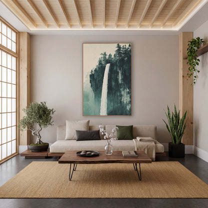 Misty Cliff Waterfall Japandi Landscape wall art in a calm Japandi-style room – tall white waterfall falling down