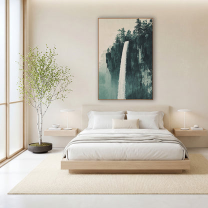 Misty Cliff Waterfall Japandi Landscape wall art in a calm Japandi-style room – tall white waterfall falling down