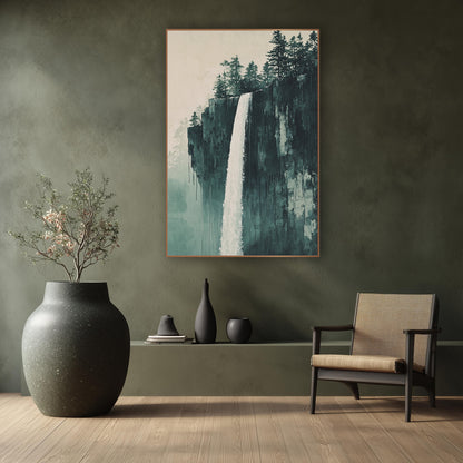 Misty Cliff Waterfall Japandi Landscape wall art in a calm Japandi-style room – tall white waterfall falling down