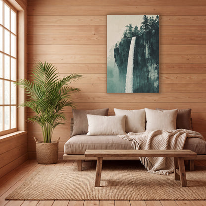 Misty Cliff Waterfall Japandi Landscape wall art in a calm Japandi-style room – tall white waterfall falling down