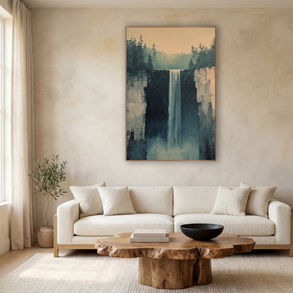 Misty Cliff Waterfall Minimalist Landscape wall art in a calm Japandi-style room – tall waterfall falling between rock