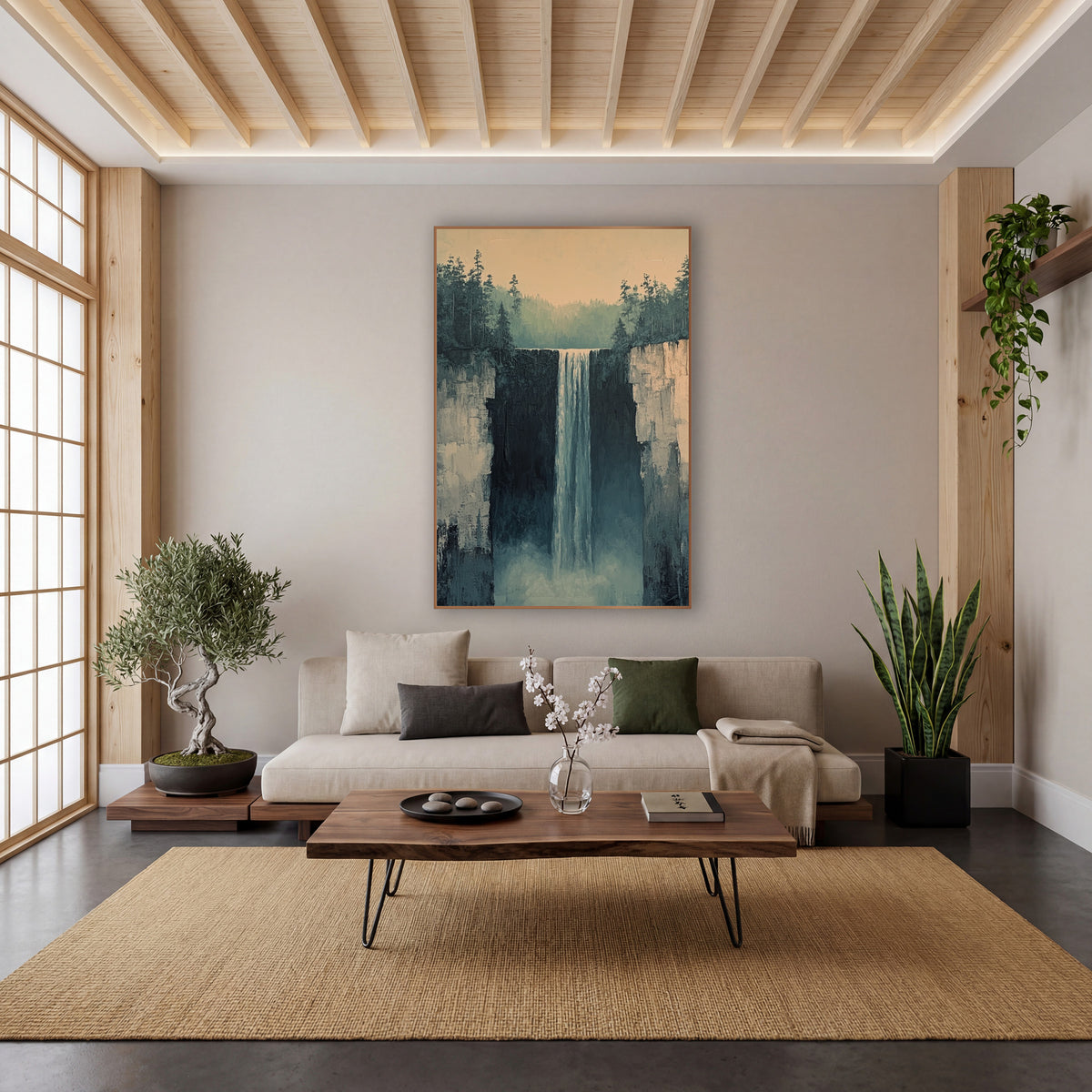 Misty Cliff Waterfall Minimalist Landscape wall art in a calm Japandi-style room – tall waterfall falling between rock